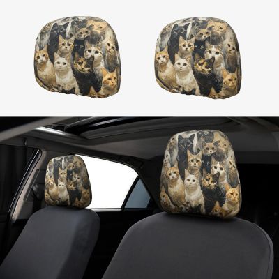 hgnblsip 2 Pack Cat Print Universal Car Headrest Cover Elastic, Cute Stylish Car Seat Head Rest Cover Protector, Interior Front & Rear Seat Headrest Pads Decor for Womens Car SUV Auto