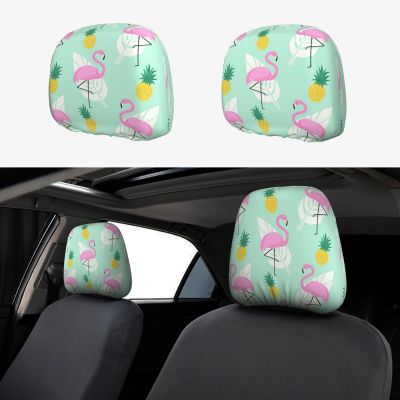 2 Pack Pink Flamingo Pineapples Print Universal Car Headrest Cover Elastic, Cute Stylish Car Seat Head Rest Cover Protector, Interior Front & Rear Seat Headrest Pads Decor For Womens Car Suv Auto