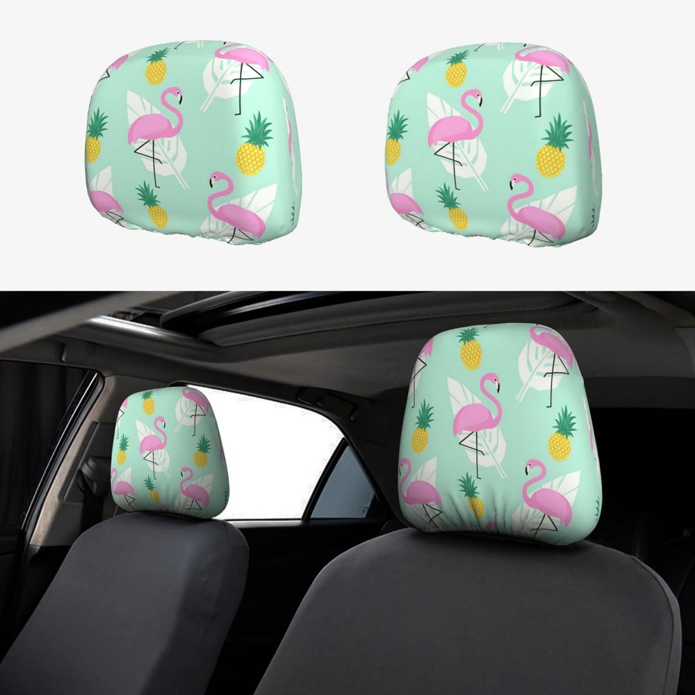 2 Pack Pink Flamingo Pineapples Print Universal Car Headrest Cover Elastic, Cute Stylish Car Seat Head Rest Cover Protector, Interior Front & Rear Seat Headrest Pads Decor For Womens Car Suv Auto