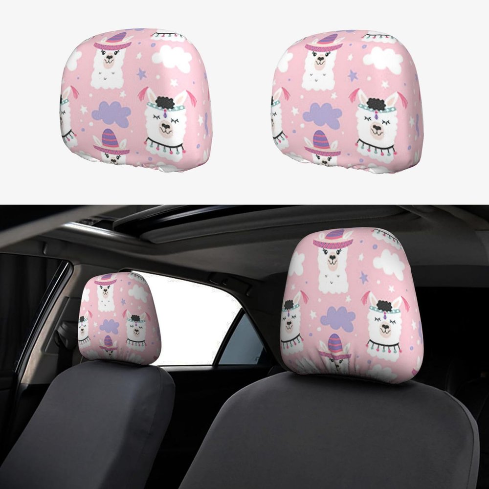 2 Pack Cartoon Llama Alpaca Print Universal Car Headrest Cover Elastic, Cute Stylish Car Seat Head Rest Cover Protector, Interior Front & Rear Seat Headrest Pads Decor For Womens Car Suv Auto