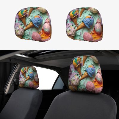 2 Pack Many Colored Ice Cream Print Universal Car Headrest Cover Elastic, Cute Stylish Car Seat Head Rest Cover Protector, Interior Front & Rear Seat Headrest Pads Decor For Womens Car Suv Auto