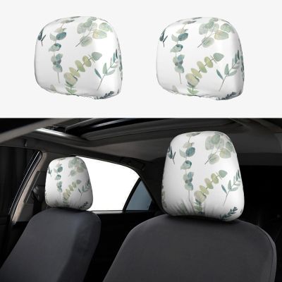 2 Pack White Natural Greenery Twig Print Universal Car Headrest Cover Elastic, Cute Stylish Car Seat Head Rest Cover Protector, Interior Front & Rear Seat Headrest Pads Decor For Womens Car Suv Auto