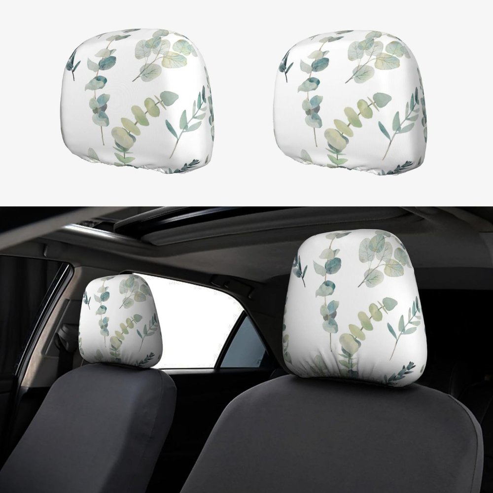 2 Pack White Natural Greenery Twig Print Universal Car Headrest Cover Elastic, Cute Stylish Car Seat Head Rest Cover Protector, Interior Front & Rear Seat Headrest Pads Decor For Womens Car Suv Auto