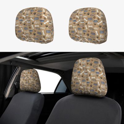2 Pack Cute Dog Bone Bowl Woof Paw Print Universal Car Headrest Cover Elastic, Cute Stylish Car Seat Head Rest Cover Protector, Interior Front & Rear Seat Headrest Pads Decor For Womens Car Suv Auto