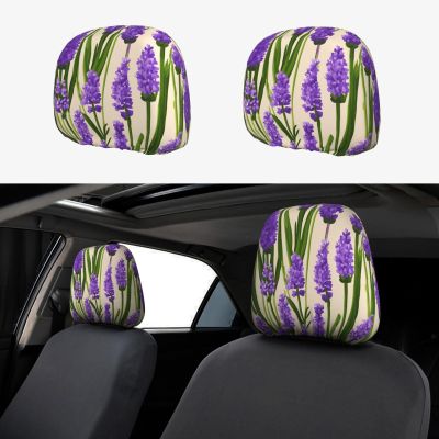 hgnblsip 2 Pack Lavender Stamp Print Universal Car Headrest Cover Elastic, Cute Stylish Car Seat Head Rest Cover Protector, Interior Front & Rear Seat Headrest Pads Decor for Womens Car SUV Auto