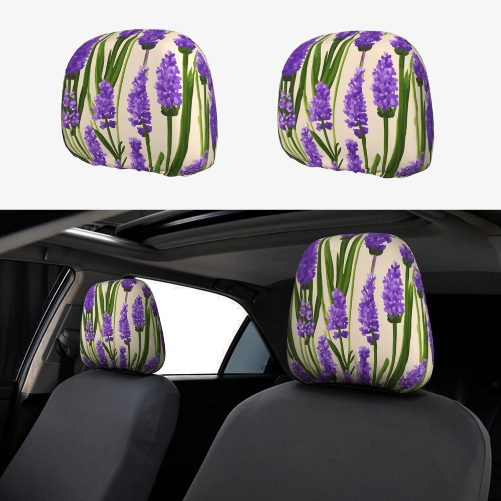 hgnblsip 2 Pack Lavender Stamp Print Universal Car Headrest Cover Elastic, Cute Stylish Car Seat Head Rest Cover Protector, Interior Front & Rear Seat Headrest Pads Decor for Womens Car SUV Auto