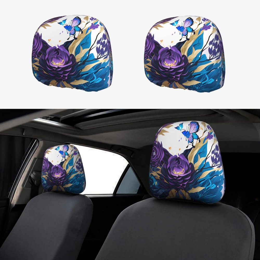 hgnblsip 2 Pack Purple Butterfly Print Universal Car Headrest Cover Elastic, Cute Stylish Car Seat Head Rest Cover Protector, Interior Front & Rear Seat Headrest Pads Decor for Womens Car SUV Auto