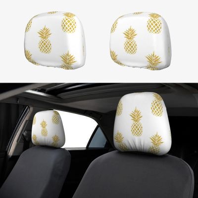 2 Pack Gold Pineapple Background Print Universal Car Headrest Cover Elastic, Cute Stylish Car Seat Head Rest Cover Protector, Interior Front & Rear Seat Headrest Pads Decor For Womens Car Suv Auto