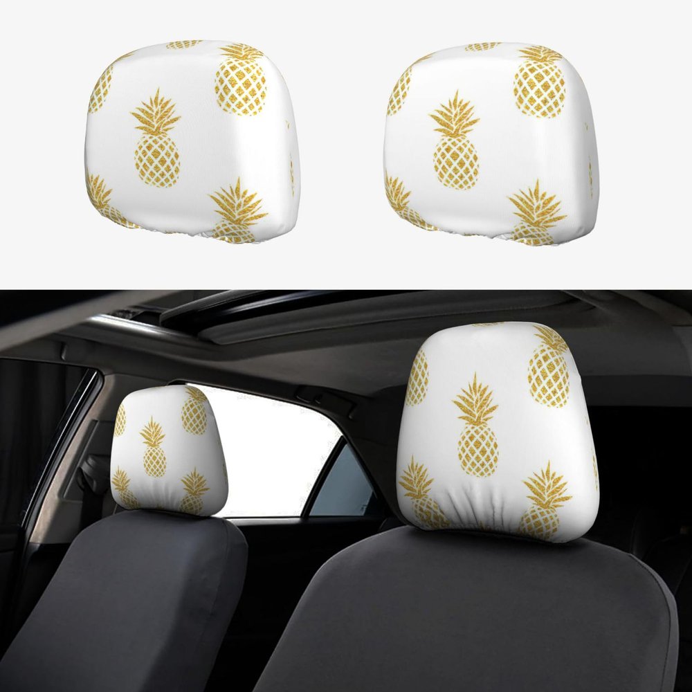 2 Pack Gold Pineapple Background Print Universal Car Headrest Cover Elastic, Cute Stylish Car Seat Head Rest Cover Protector, Interior Front & Rear Seat Headrest Pads Decor For Womens Car Suv Auto