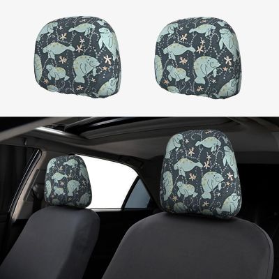 hgnblsip 2 Pack Manatee Animals Print Universal Car Headrest Cover Elastic, Cute Stylish Car Seat Head Rest Cover Protector, Interior Front & Rear Seat Headrest Pads Decor for Womens Car SUV Auto