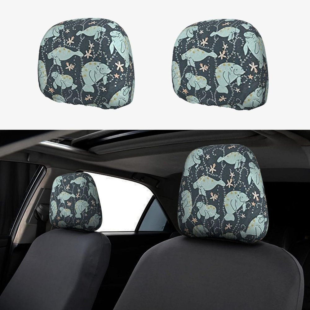 hgnblsip 2 Pack Manatee Animals Print Universal Car Headrest Cover Elastic, Cute Stylish Car Seat Head Rest Cover Protector, Interior Front & Rear Seat Headrest Pads Decor for Womens Car SUV Auto
