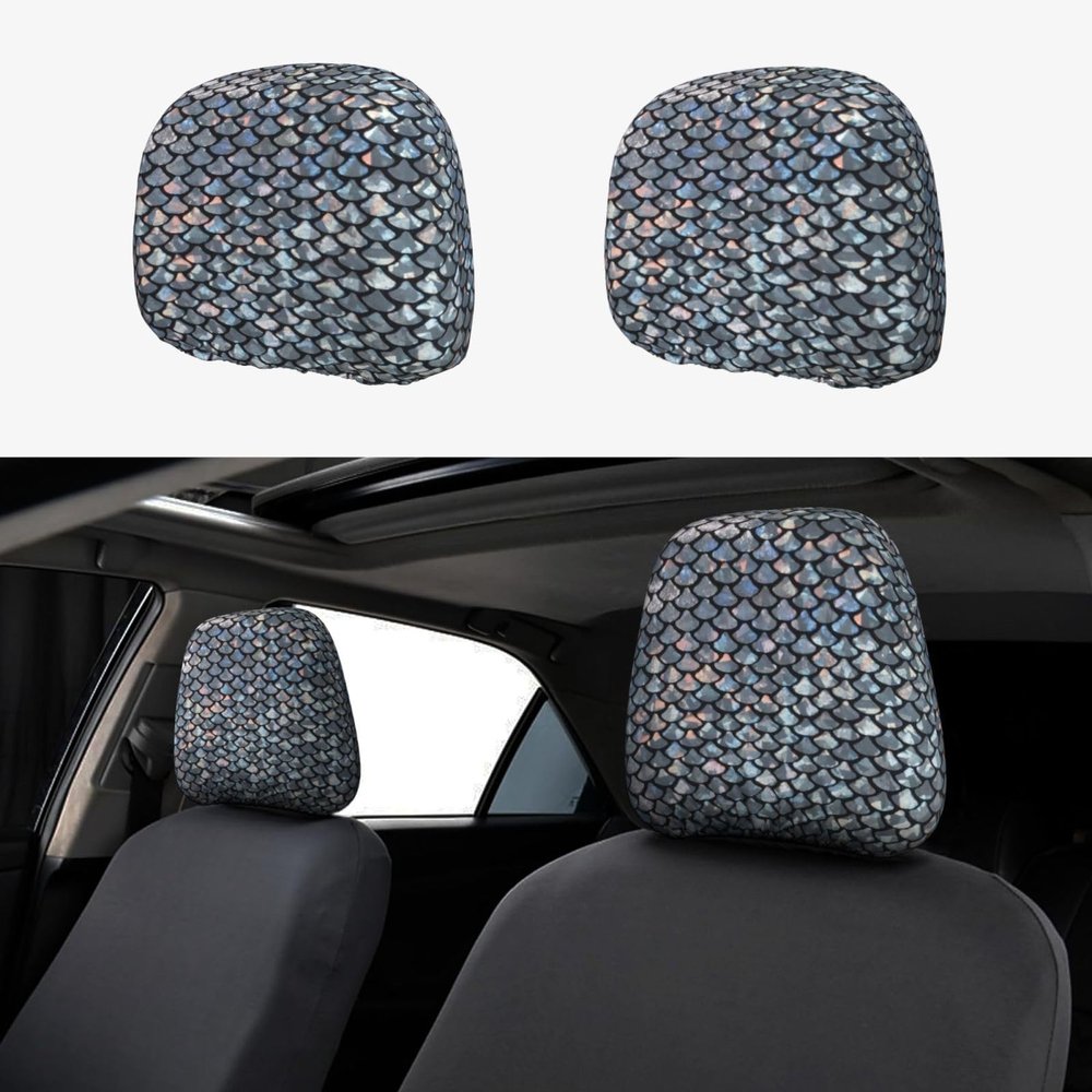 hgnblsip 2 Pack Silver Fish Scale Print Universal Car Headrest Cover Elastic, Cute Stylish Car Seat Head Rest Cover Protector, Interior Front & Rear Seat Headrest Pads Decor for Womens Car SUV Auto