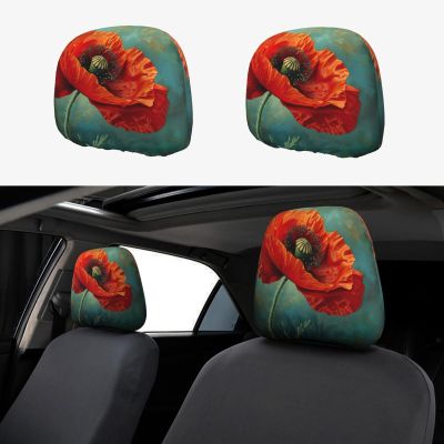 hgnblsip 2 Pack Poppy Flower Print Universal Car Headrest Cover Elastic, Cute Stylish Car Seat Head Rest Cover Protector, Interior Front & Rear Seat Headrest Pads Decor for Womens Car SUV Auto