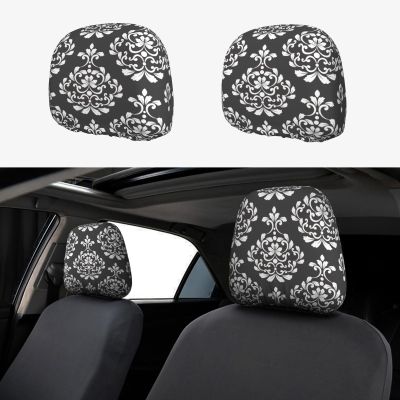 hgnblsip 2 Pack Damask Pattern Print Universal Car Headrest Cover Elastic, Cute Stylish Car Seat Head Rest Cover Protector, Interior Front & Rear Seat Headrest Pads Decor for Womens Car SUV Auto