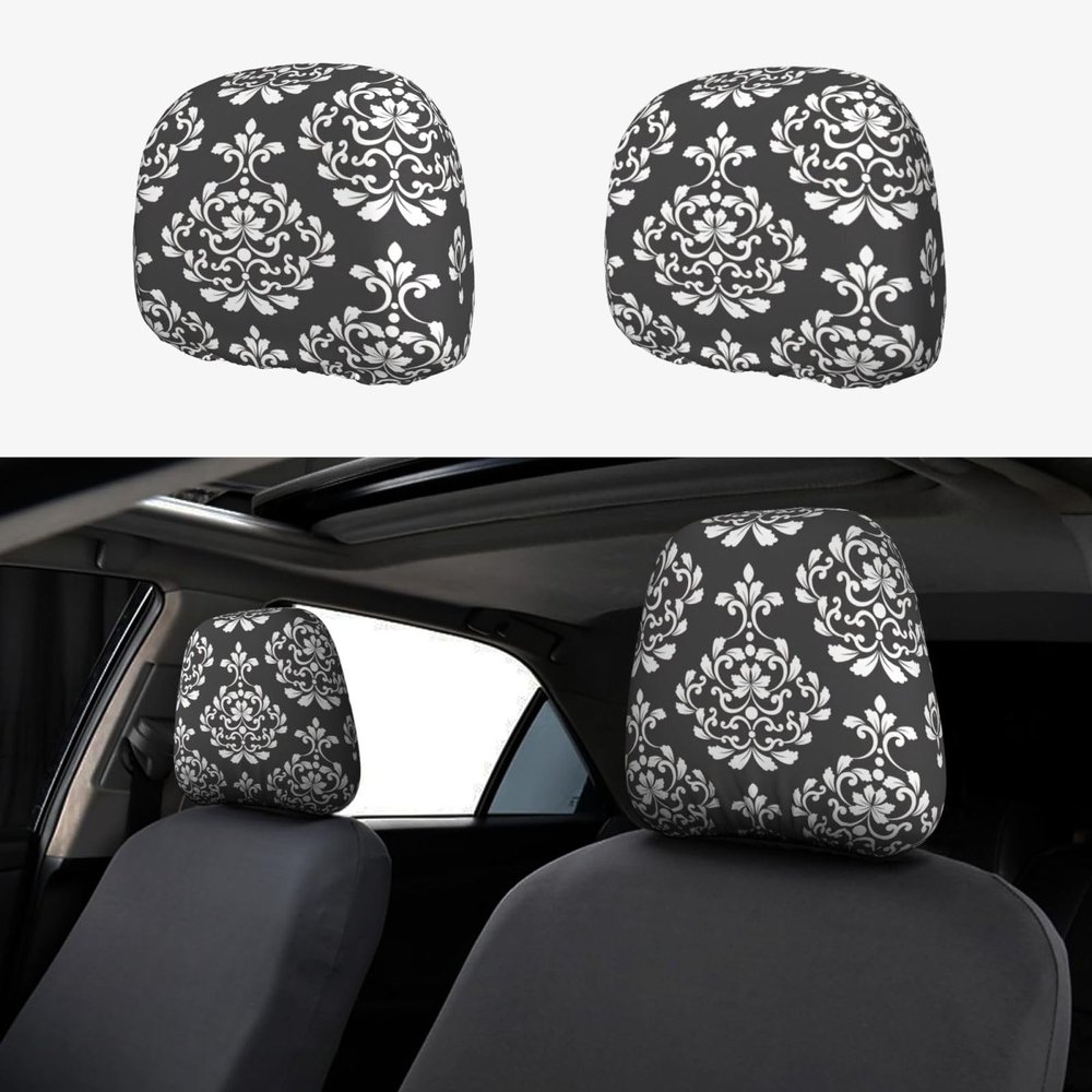 hgnblsip 2 Pack Damask Pattern Print Universal Car Headrest Cover Elastic, Cute Stylish Car Seat Head Rest Cover Protector, Interior Front & Rear Seat Headrest Pads Decor for Womens Car SUV Auto