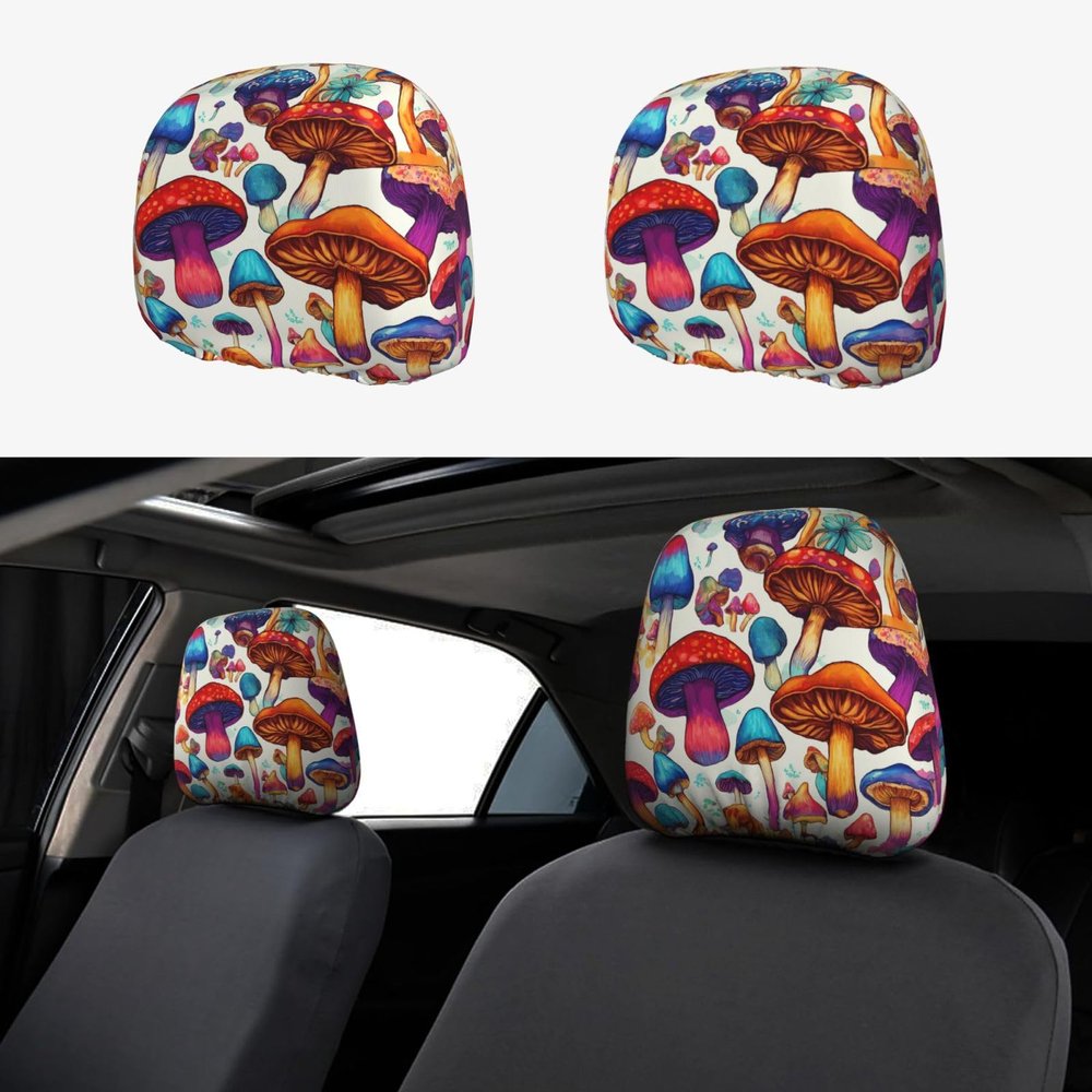 hgnblsip 2 Pack Wild Mushroom Print Universal Car Headrest Cover Elastic, Cute Stylish Car Seat Head Rest Cover Protector, Interior Front & Rear Seat Headrest Pads Decor for Womens Car SUV Auto