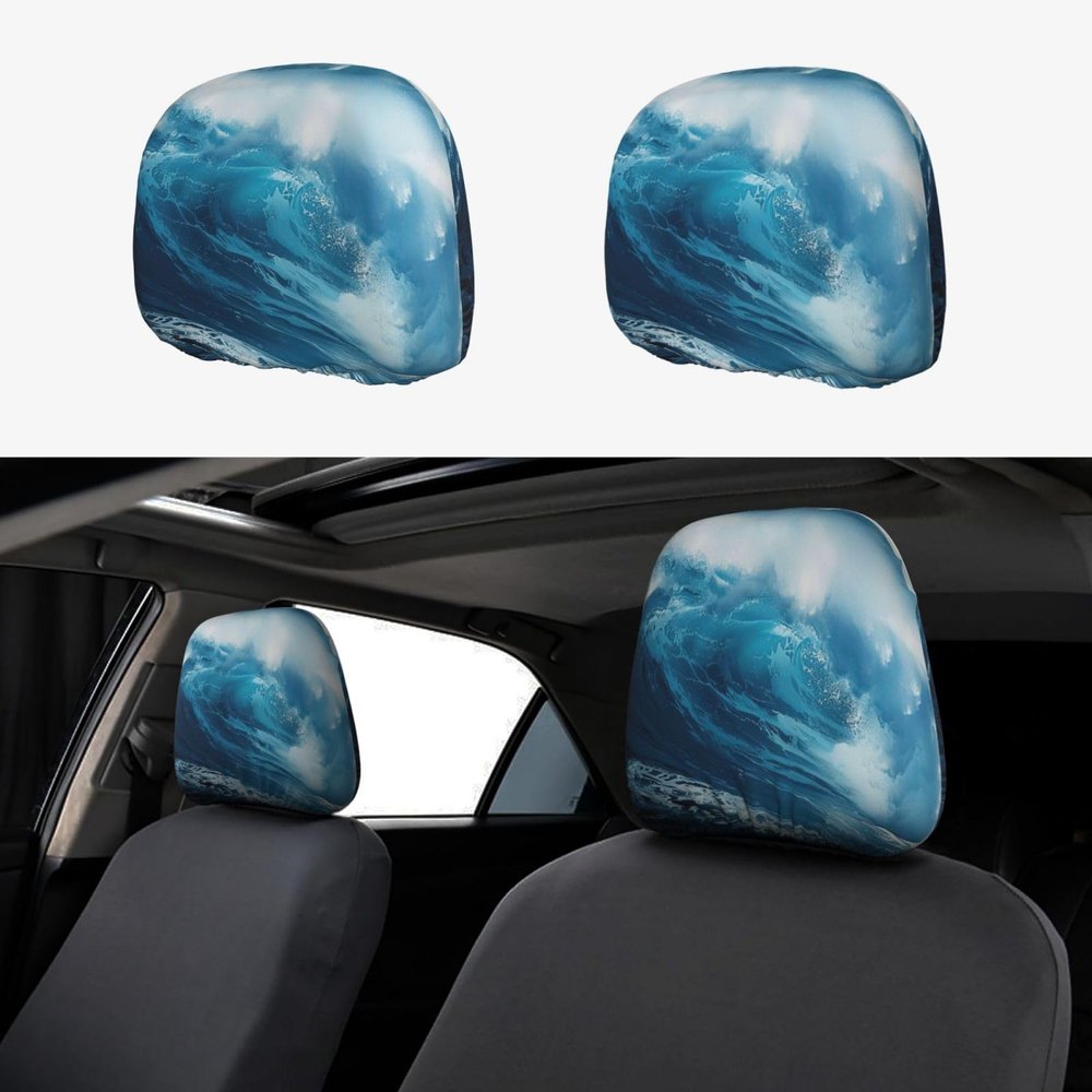 hgnblsip 2 Pack Big Ocean Wave Hd Print Universal Car Headrest Cover Elastic, Cute Stylish Car Seat Head Rest Cover Protector, Interior Front & Rear Seat Headrest Pads Decor for Womens Car SUV Auto