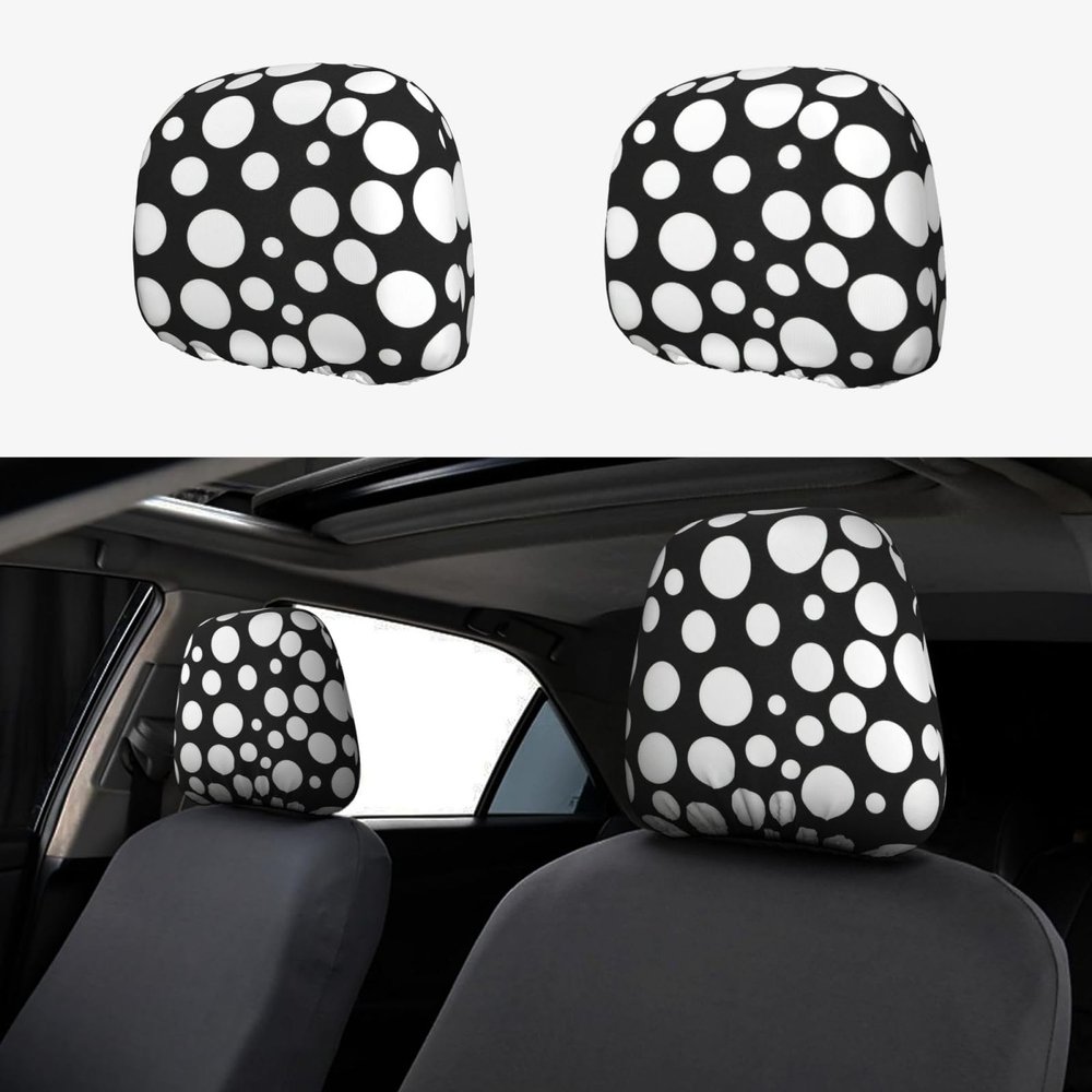 2 Pack Black And White Polka Dot Print Universal Car Headrest Cover Elastic, Cute Stylish Car Seat Head Rest Cover Protector, Interior Front & Rear Seat Headrest Pads Decor For Womens Car Suv Auto