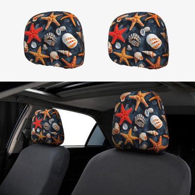 2 Pack Starfish And Seashell Pattern Print Universal Car Headrest Cover Elastic, Cute Stylish Car Seat Head Rest Cover Protector, Interior Front & Rear Seat Headrest Pads Decor For Womens Car Suv Auto