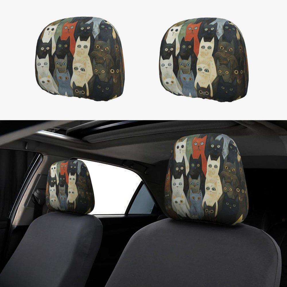 hgnblsip 2 Pack Cat Print Universal Car Headrest Cover Elastic, Cute Stylish Car Seat Head Rest Cover Protector, Interior Front & Rear Seat Headrest Pads Decor for Womens Car SUV Auto