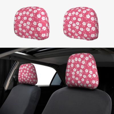 2 Pack Flowers Texture Pink Print Universal Car Headrest Cover Elastic, Cute Stylish Car Seat Head Rest Cover Protector, Interior Front & Rear Seat Headrest Pads Decor For Womens Car Suv Auto