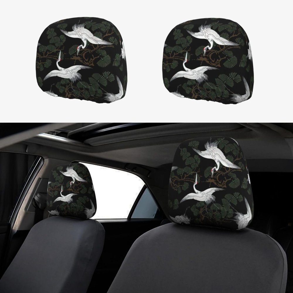 2 Pack Japanese Crane & Pine Print Universal Car Headrest Cover Elastic, Cute Stylish Car Seat Head Rest Cover Protector, Interior Front & Rear Seat Headrest Pads Decor For Womens Car Suv Auto