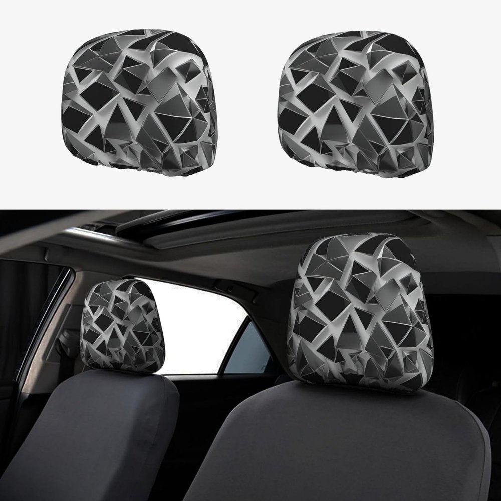 2 Pack Silver Geometric Figure Print Universal Car Headrest Cover Elastic, Cute Stylish Car Seat Head Rest Cover Protector, Interior Front & Rear Seat Headrest Pads Decor For Womens Car Suv Auto