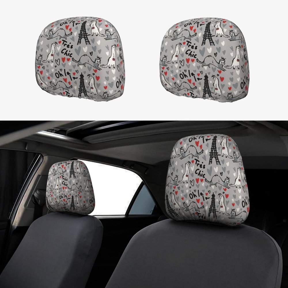 2 Pack French Fashion Model Ferrets Print Universal Car Headrest Cover Elastic, Cute Stylish Car Seat Head Rest Cover Protector, Interior Front & Rear Seat Headrest Pads Decor For Womens Car Suv Auto