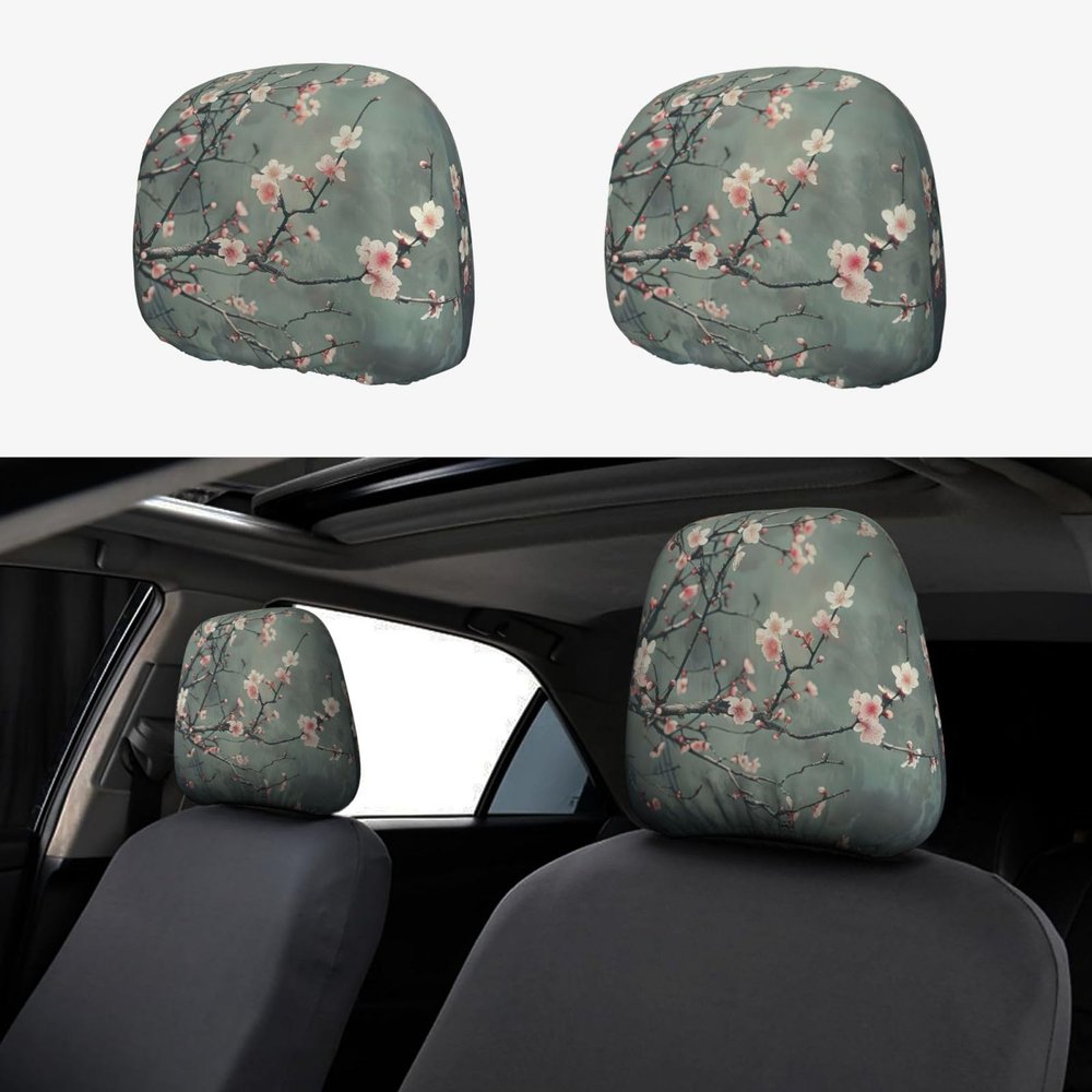 2 Pack Japanese Cherry Flowers Print Universal Car Headrest Cover Elastic, Cute Stylish Car Seat Head Rest Cover Protector, Interior Front & Rear Seat Headrest Pads Decor For Womens Car Suv Auto