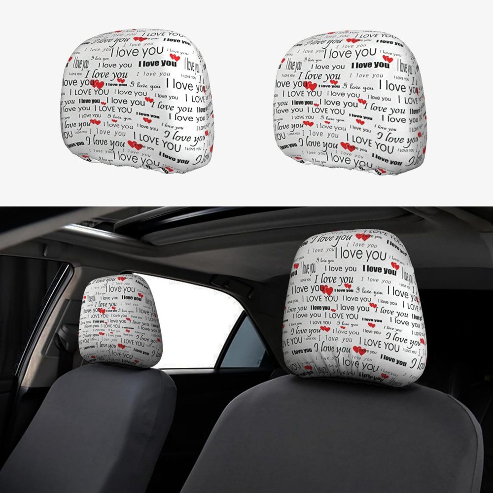 2 Pack I Love You Words With Hearts Print Universal Car Headrest Cover Elastic, Cute Stylish Car Seat Head Rest Cover Protector, Interior Front & Rear Seat Headrest Pads Decor For Womens Car Suv Auto