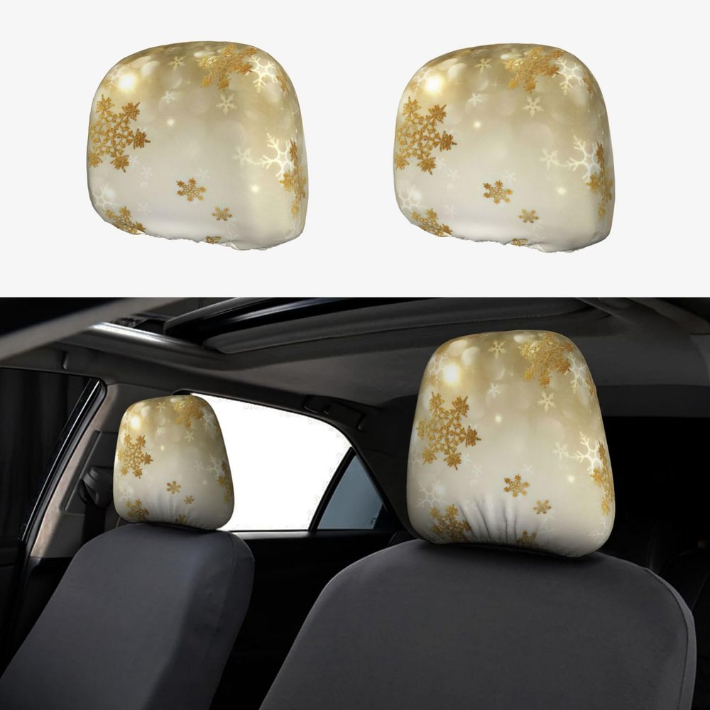 hgnblsip 2 Pack Gold Silk Christmas Print Universal Car Headrest Cover Elastic, Cute Stylish Car Seat Head Rest Cover Protector, Interior Front & Rear Seat Headrest Pads Decor for Womens Car SUV Auto