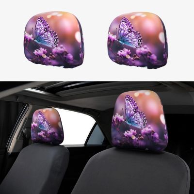 hgnblsip 2 Pack Purple Butterfly Print Universal Car Headrest Cover Elastic, Cute Stylish Car Seat Head Rest Cover Protector, Interior Front & Rear Seat Headrest Pads Decor for Womens Car SUV Auto