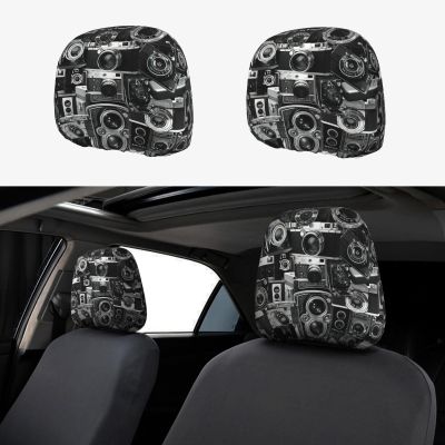 2 Pack Retro Cool Camera Collection Print Universal Car Headrest Cover Elastic, Cute Stylish Car Seat Head Rest Cover Protector, Interior Front & Rear Seat Headrest Pads Decor For Womens Car Suv Auto