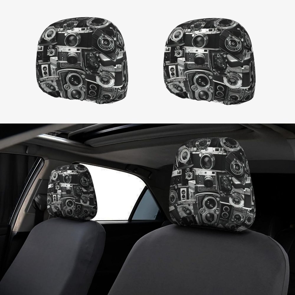 2 Pack Retro Cool Camera Collection Print Universal Car Headrest Cover Elastic, Cute Stylish Car Seat Head Rest Cover Protector, Interior Front & Rear Seat Headrest Pads Decor For Womens Car Suv Auto