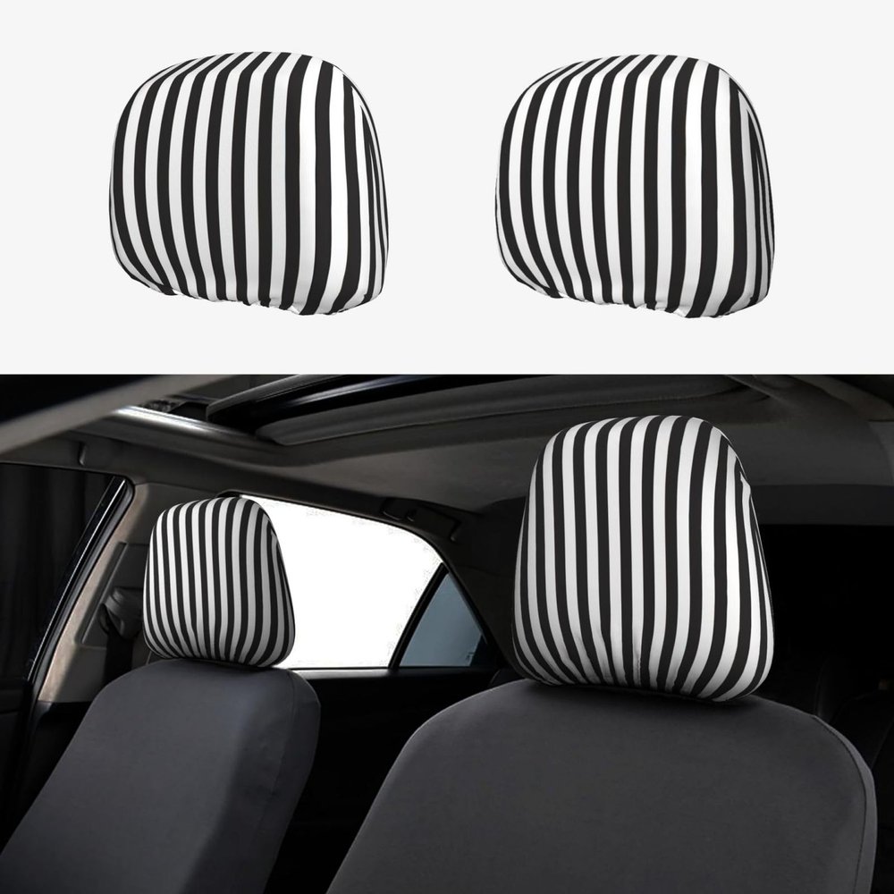 2 Pack Black & White Stripe Print Universal Car Headrest Cover Elastic, Cute Stylish Car Seat Head Rest Cover Protector, Interior Front & Rear Seat Headrest Pads Decor For Womens Car Suv Auto