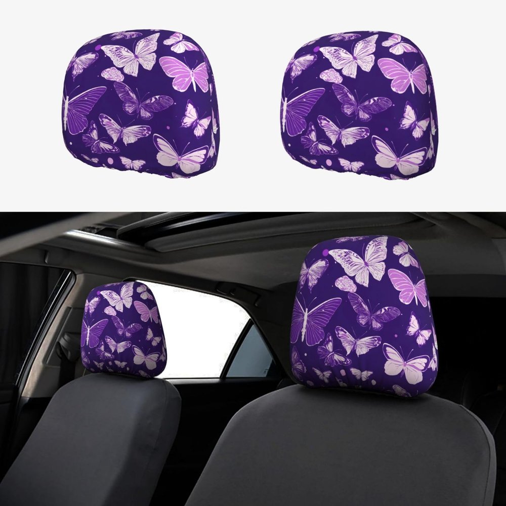 2 Pack Purple Butterflies Floral Print Universal Car Headrest Cover Elastic, Cute Stylish Car Seat Head Rest Cover Protector, Interior Front & Rear Seat Headrest Pads Decor For Womens Car Suv Auto