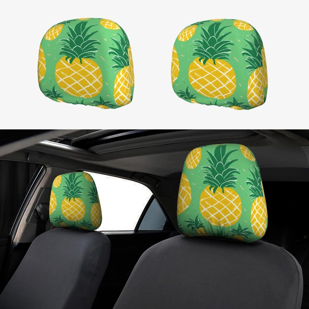 2 Pack Gold Pineapple Background Print Universal Car Headrest Cover Elastic, Cute Stylish Car Seat Head Rest Cover Protector, Interior Front & Rear Seat Headrest Pads Decor For Womens Car Suv Auto
