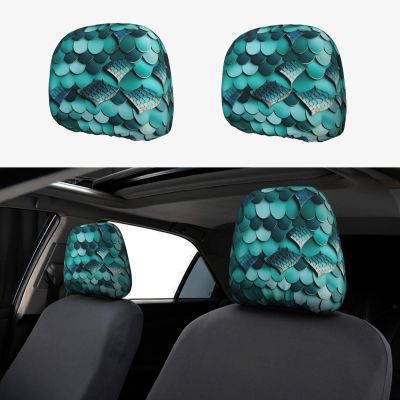 2 Pack Mermaid Fish Scale Print Print Universal Car Headrest Cover Elastic, Cute Stylish Car Seat Head Rest Cover Protector, Interior Front & Rear Seat Headrest Pads Decor For Womens Car Suv Auto