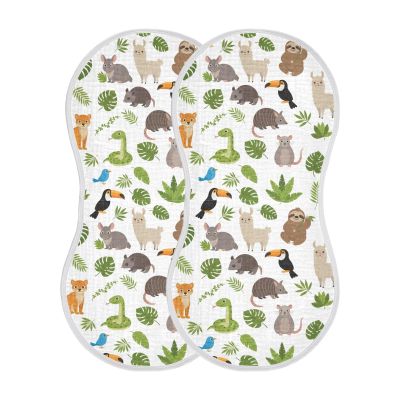 Qinllo Muslin Burp Cloths Jungle Animals Leaves Floral White Pattern Cotton Baby Burp Cloths 2 Pack Ultra Absorbent Soft Thick Burping Cloth for Newborn Baby Boys Girls 22"x11"