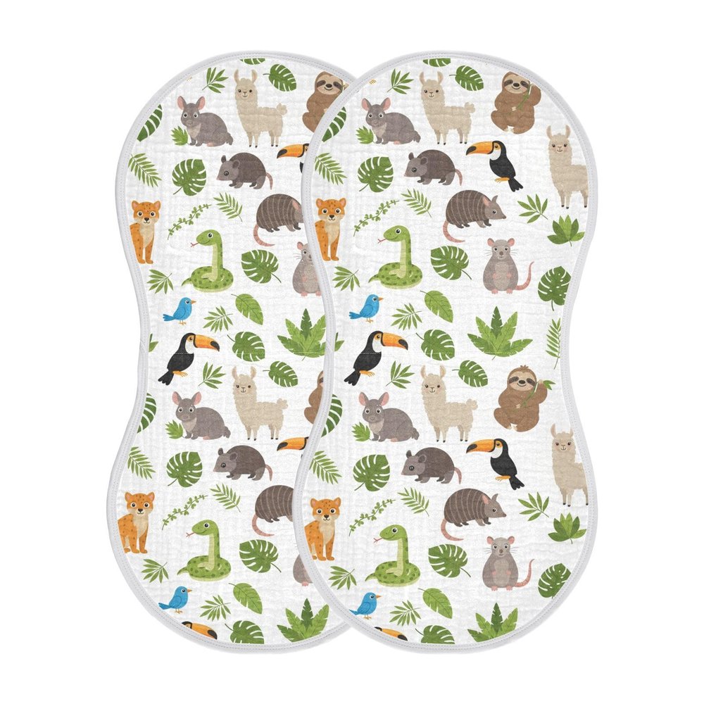 Qinllo Muslin Burp Cloths Jungle Animals Leaves Floral White Pattern Cotton Baby Burp Cloths 2 Pack Ultra Absorbent Soft Thick Burping Cloth for Newborn Baby Boys Girls 22"x11"