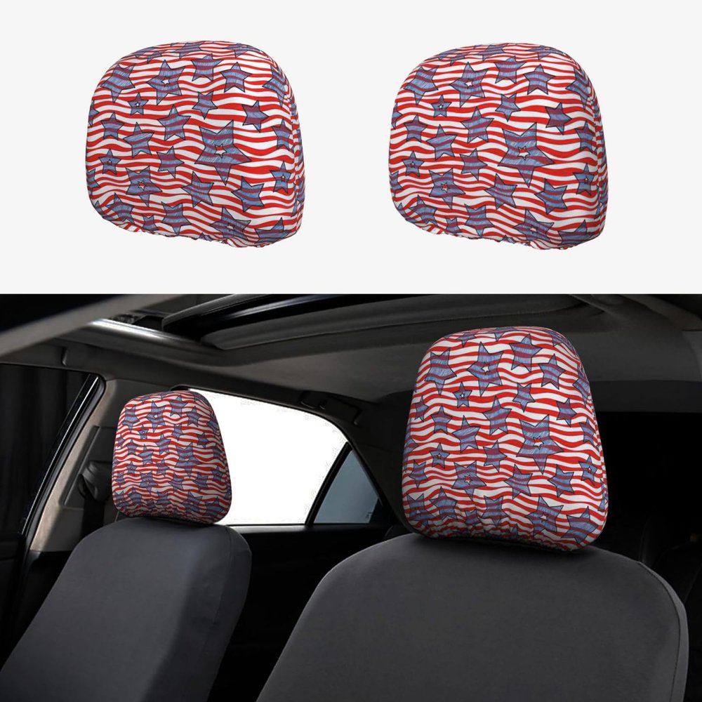 2 Pack Stars And Wavy Stripes Print Universal Car Headrest Cover Elastic, Cute Stylish Car Seat Head Rest Cover Protector, Interior Front & Rear Seat Headrest Pads Decor For Womens Car Suv Auto