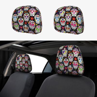 2 Pack Colorful Flower Skulls Print Universal Car Headrest Cover Elastic, Cute Stylish Car Seat Head Rest Cover Protector, Interior Front & Rear Seat Headrest Pads Decor For Womens Car Suv Auto