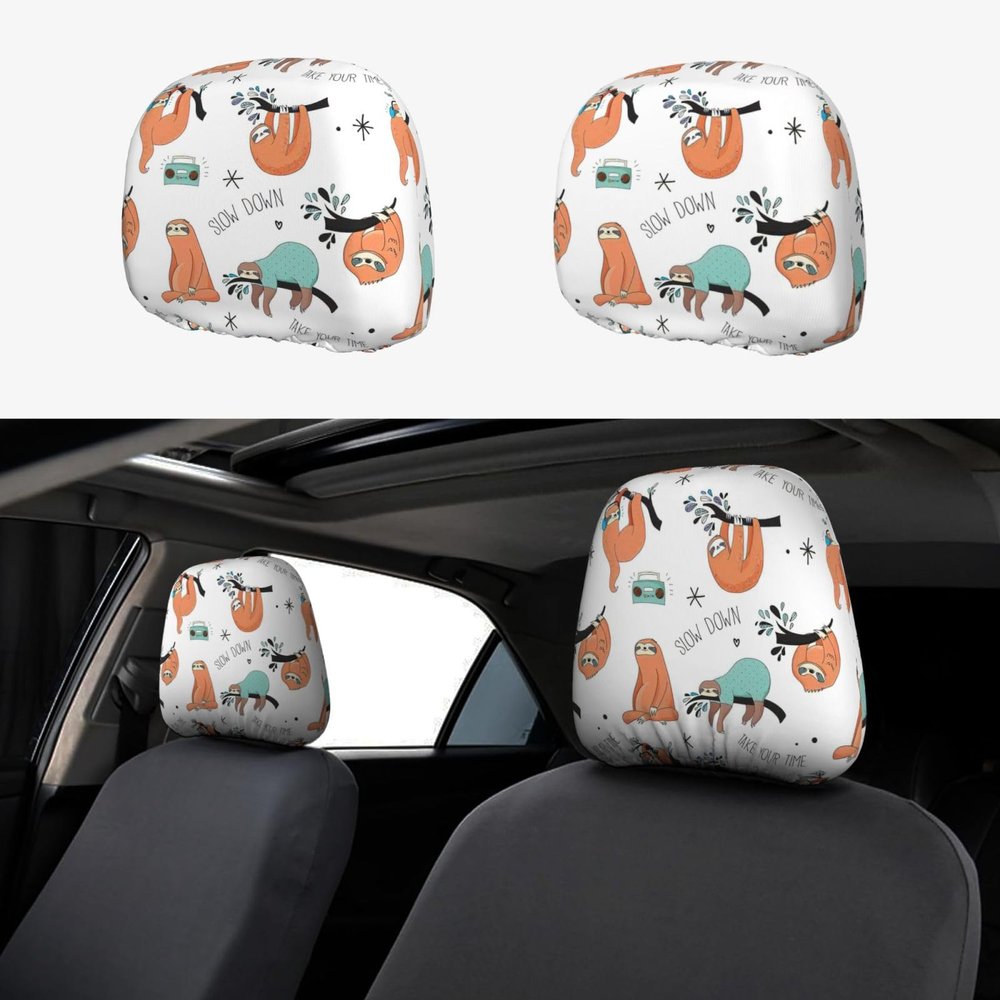 hgnblsip 2 Pack Brown Sloth Print Universal Car Headrest Cover Elastic, Cute Stylish Car Seat Head Rest Cover Protector, Interior Front & Rear Seat Headrest Pads Decor for Womens Car SUV Auto