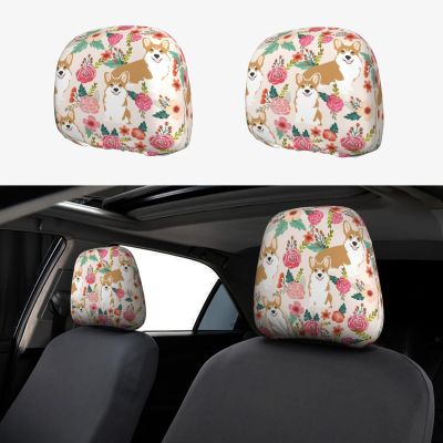 2 Pack Corgi Floral Flowers Print Universal Car Headrest Cover Elastic, Cute Stylish Car Seat Head Rest Cover Protector, Interior Front & Rear Seat Headrest Pads Decor For Womens Car Suv Auto