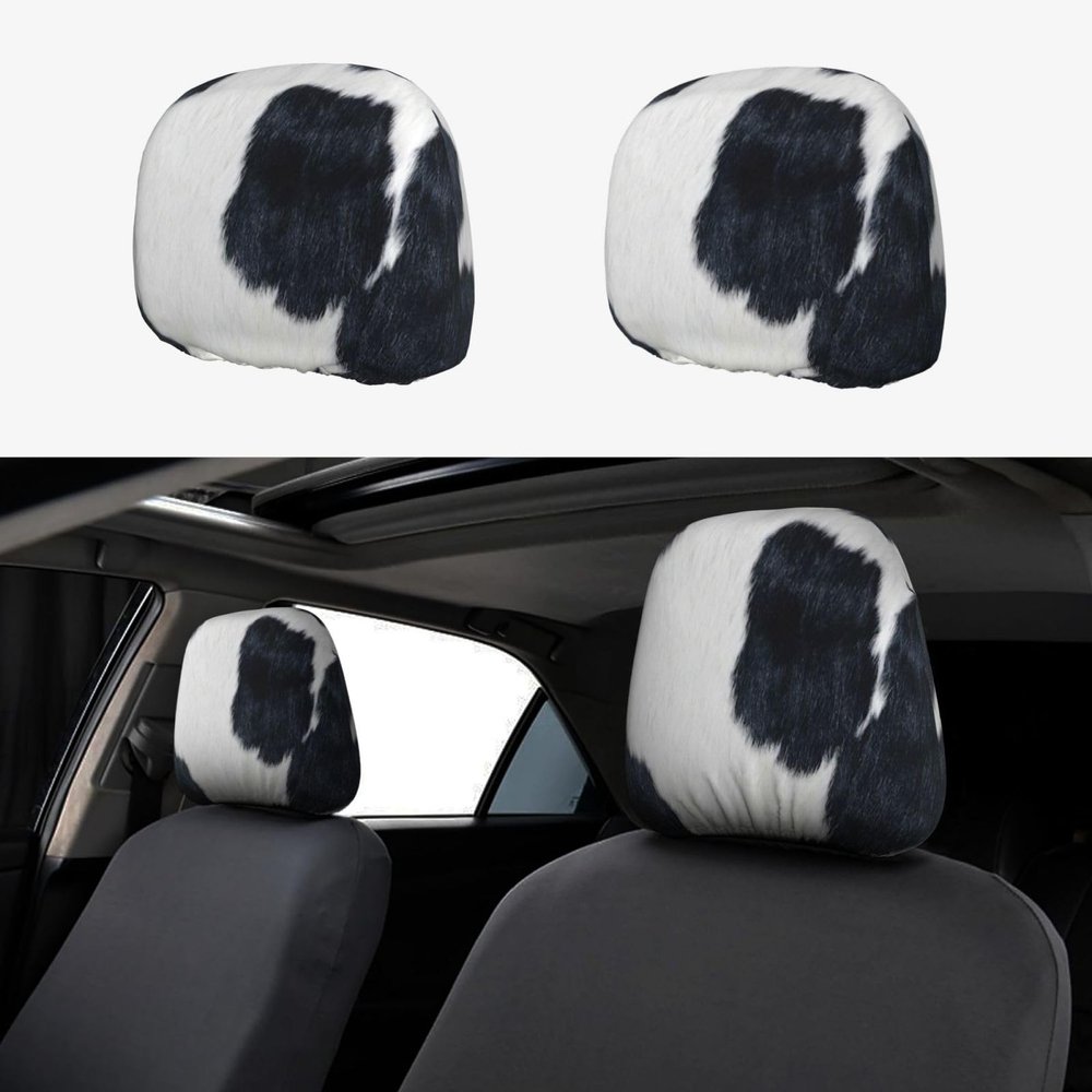 hgnblsip 2 Pack Cowhide Print Universal Car Headrest Cover Elastic, Cute Stylish Car Seat Head Rest Cover Protector, Interior Front & Rear Seat Headrest Pads Decor for Womens Car SUV Auto