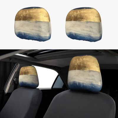 hgnblsip 2 Pack Gold Blue White Print Universal Car Headrest Cover Elastic, Cute Stylish Car Seat Head Rest Cover Protector, Interior Front & Rear Seat Headrest Pads Decor for Womens Car SUV Auto
