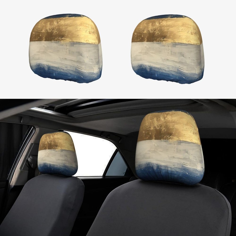 hgnblsip 2 Pack Gold Blue White Print Universal Car Headrest Cover Elastic, Cute Stylish Car Seat Head Rest Cover Protector, Interior Front & Rear Seat Headrest Pads Decor for Womens Car SUV Auto