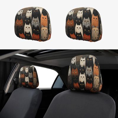 hgnblsip 2 Pack Cat Print Universal Car Headrest Cover Elastic, Cute Stylish Car Seat Head Rest Cover Protector, Interior Front & Rear Seat Headrest Pads Decor for Womens Car SUV Auto