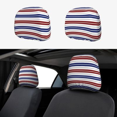 2 Pack Red Blue White Gray Stripes Print Universal Car Headrest Cover Elastic, Cute Stylish Car Seat Head Rest Cover Protector, Interior Front & Rear Seat Headrest Pads Decor For Womens Car Suv Auto