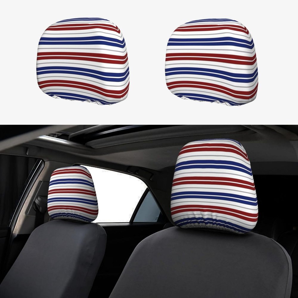 2 Pack Red Blue White Gray Stripes Print Universal Car Headrest Cover Elastic, Cute Stylish Car Seat Head Rest Cover Protector, Interior Front & Rear Seat Headrest Pads Decor For Womens Car Suv Auto